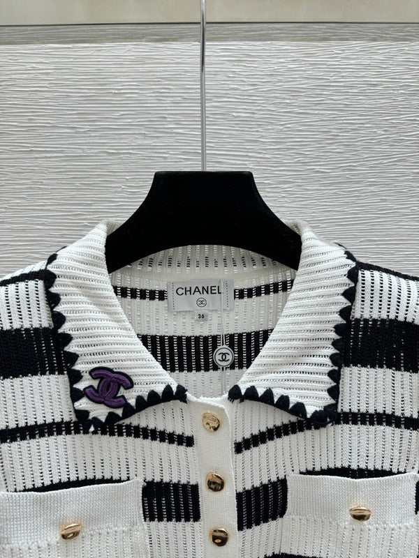 Chanel 2026 Striped Collared Knitted Short-Sleeve Cardigan 170591