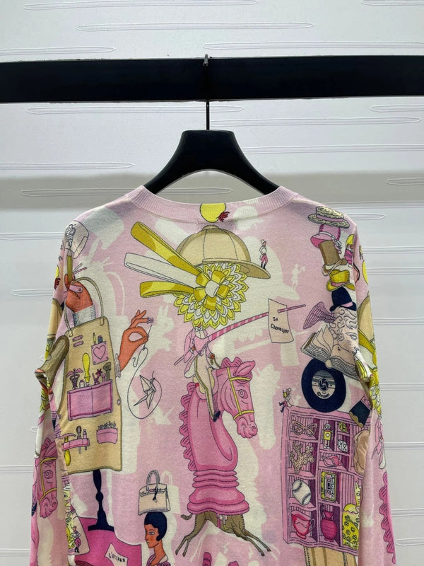 HM 2026 Printed Crew Neck Knit Long Sleeve Top Pink Wool 417087