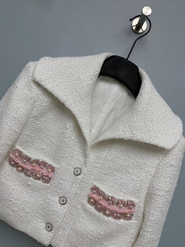 CC 2026 White Tweed Short Jacket with Pink Beads 425106