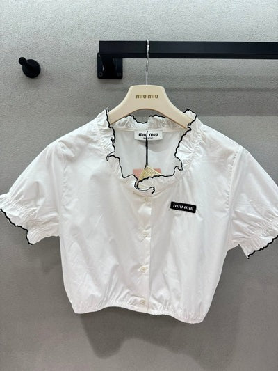 Miu 2026 Ruffled Trim Shirt White Black Cotton 375185