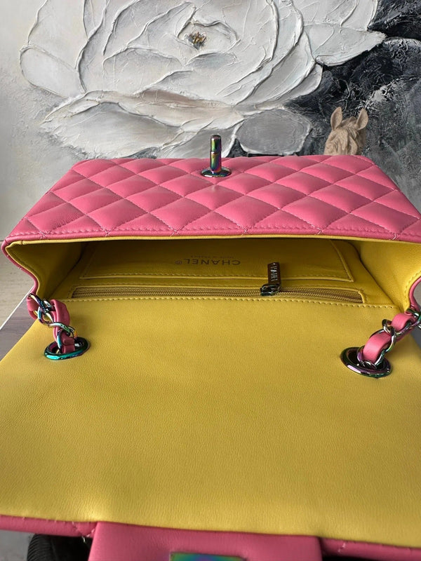 CC 26s Flap Bag 20cm Pink Quilted Leather Rainbow Buckle