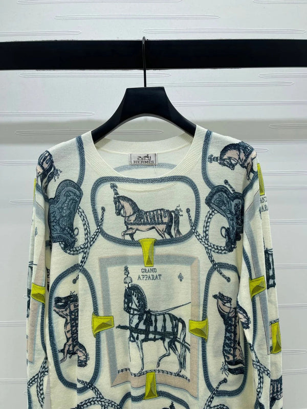 HM 2026 Horse Print Long Sleeve Top Cream Blue Wool 417088