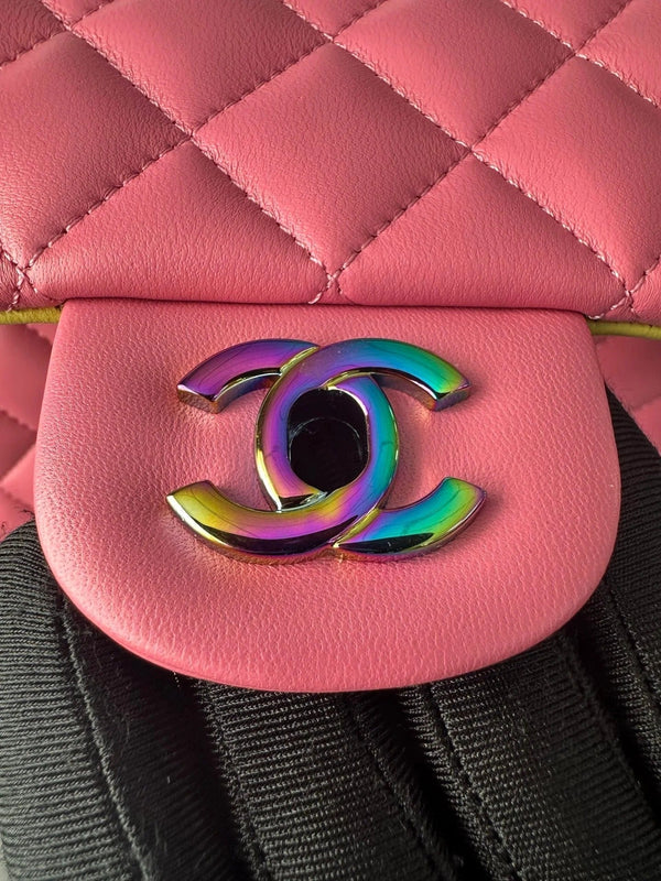 CC 26s Flap Bag 20cm Pink Quilted Leather Rainbow Buckle