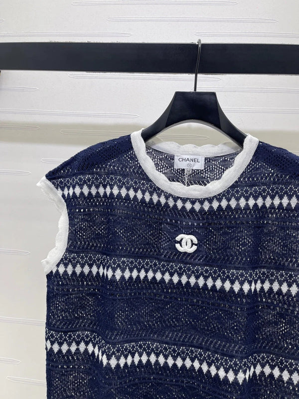 CC 2026 Hollow-out Striped Knit Vest Navy Blue Viscose 677769