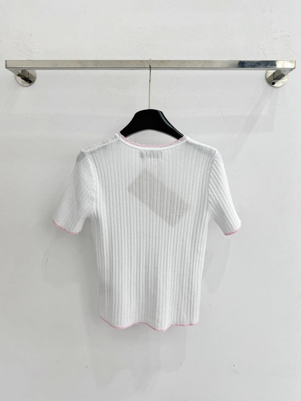 Miumiu 2026 Pink-trimmed Knit Short-sleeved Top Tencel Nylon 179459