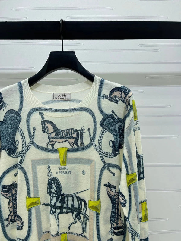 HM 2026 Horse Print Long Sleeve Top Cream Blue Wool 417088