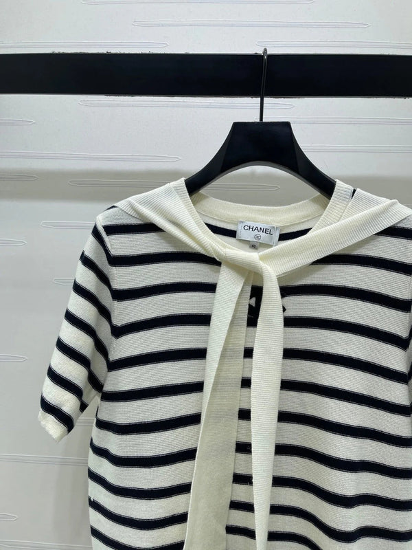 CC 2026 Shawl-Style Striped Knit Short-Sleeve Top Viscose 677747