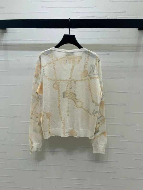 HM 2026 Printed V-neck Knit Long-Sleeve Cardigan Cream Wool 661988