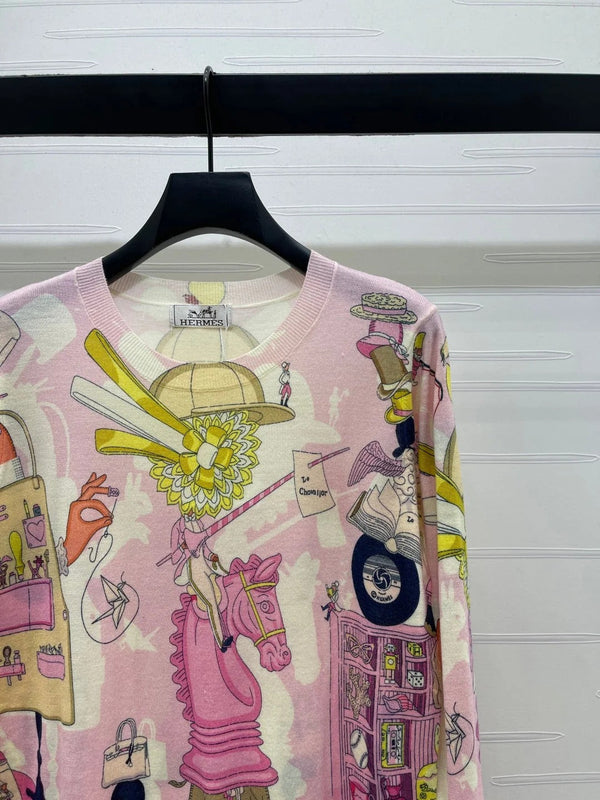 HM 2026 Printed Crew Neck Knit Long Sleeve Top Pink Wool 417087