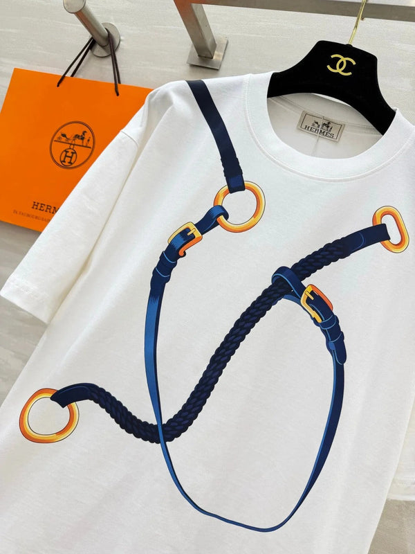HM 2026 Rope Print T-Shirt White Mix Blue Cotton 408325