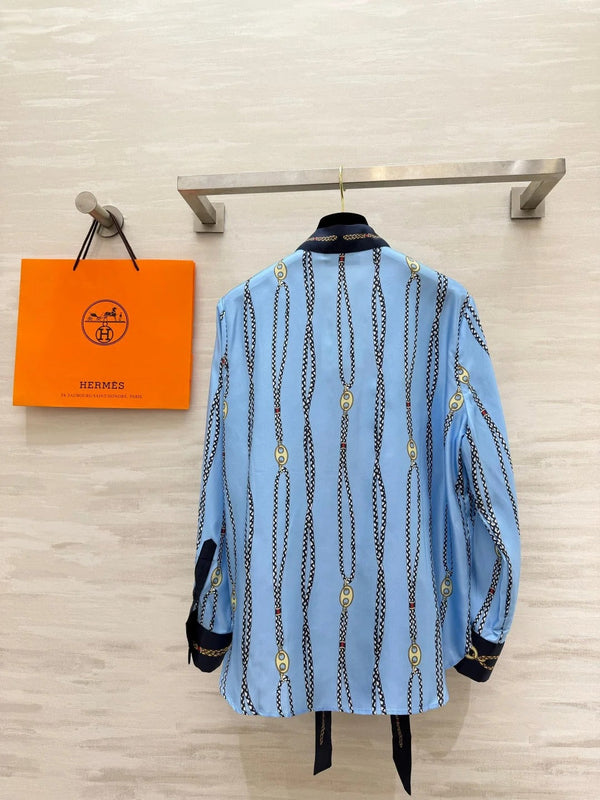 HM 2026 Chain Print Ribbon Shirt Blue Silk 408796