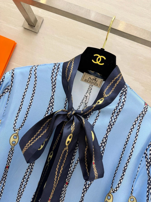 HM 2026 Chain Print Ribbon Shirt Blue Silk 408796