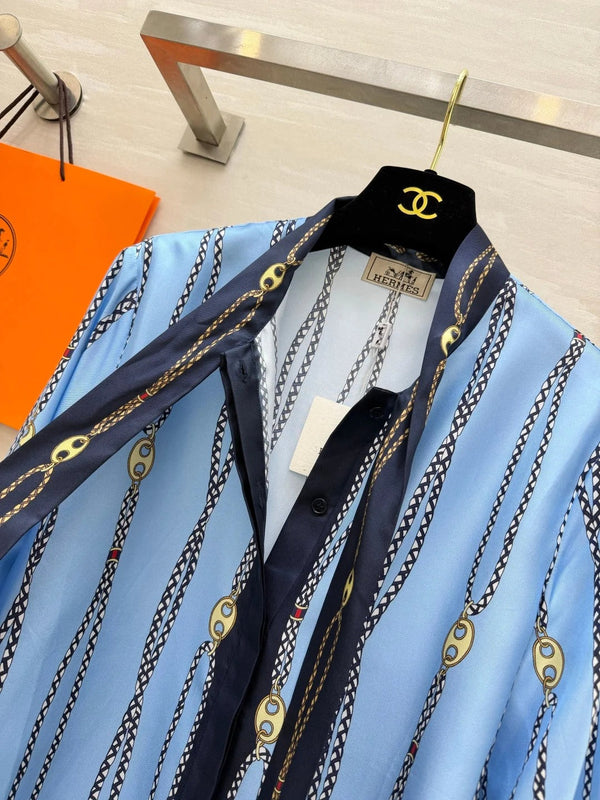 HM 2026 Chain Print Ribbon Shirt Blue Silk 408796