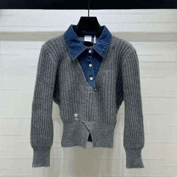 CD 2026 Denim Patchwork Collared Knit Long-Sleeve Top Wool 779595