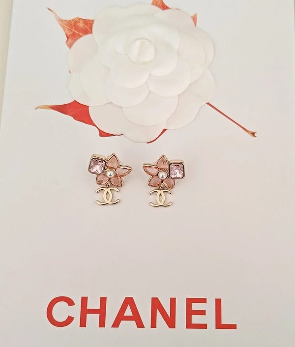 CC Double C Pink Flower Light Gold Earrings