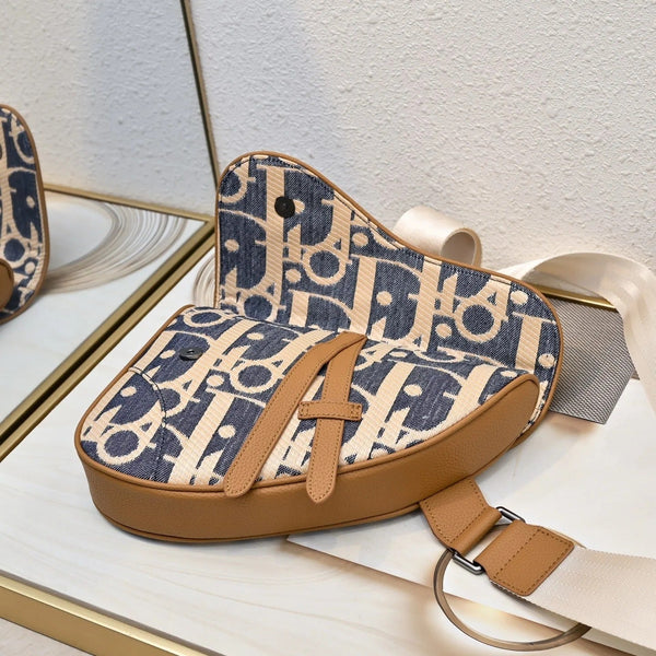 CD 2026 Saddle Oblique Bag 28.5cm Blue Brown Denim Calfskin