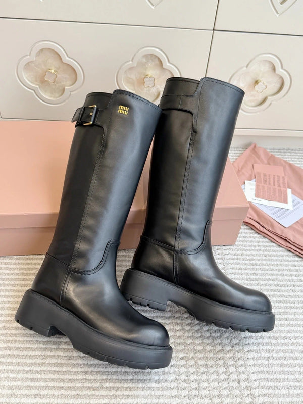 Miu 2026 Buckle-Detail Knee-High Boots Leather 955680