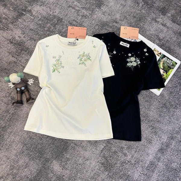 Miu 2026 Floral Embroidered Short-Sleeve T-Shirt Cotton 374766