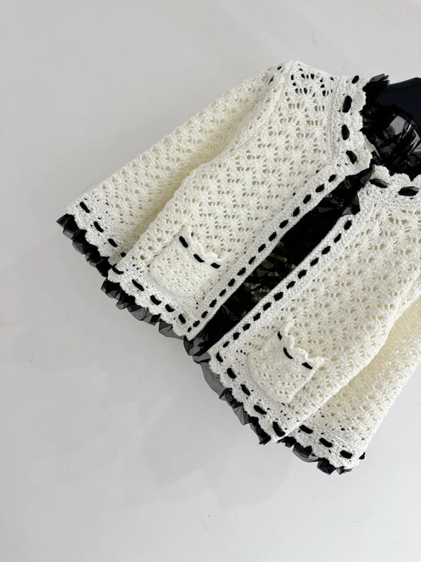 CC 2026 Hollowed-out Crochet Short Cardigan White Cashmere