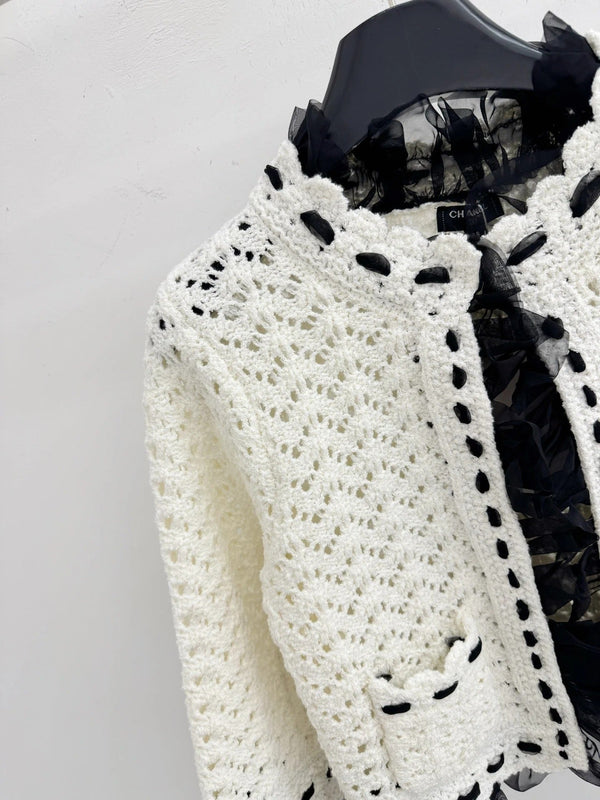 CC 2026 Hollowed-out Crochet Short Cardigan White Cashmere