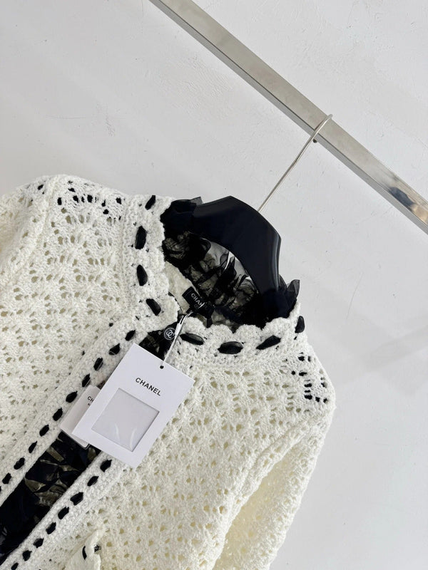 CC 2026 Hollowed-out Crochet Short Cardigan White Cashmere