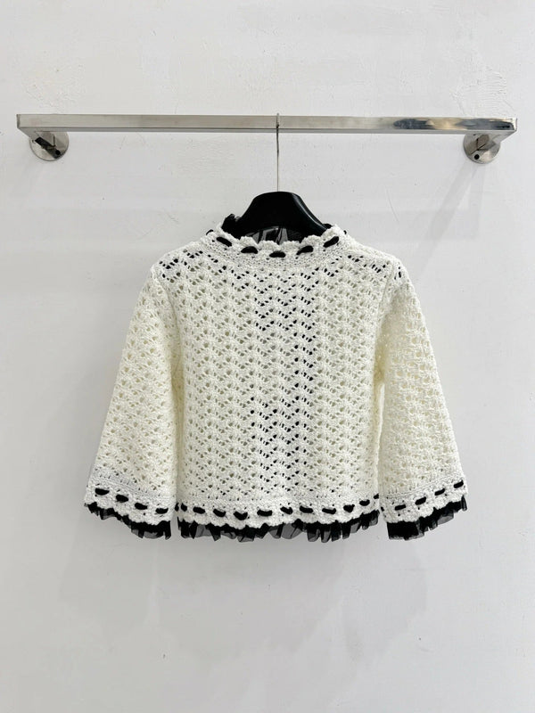 CC 2026 Hollowed-out Crochet Short Cardigan White Cashmere