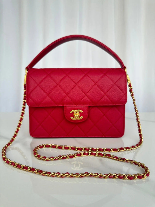 CC 2026 Flap Bag with Top Handle 19CM Gum-grain Cowhide