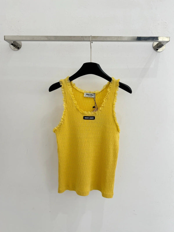 Miumiu 2026 Lace-trimmed Knit Short-sleeved Top Tencel Wool 179450