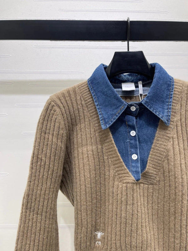 CD 2026 Denim Patchwork Collared Knit Long-Sleeve Top Wool 779595