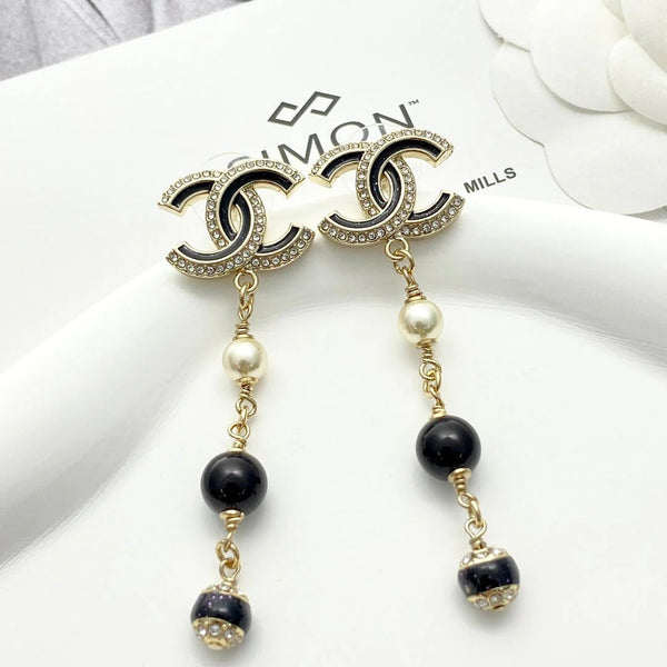 CC Black and Gold Rhinestone Double C Tassel Pearl Earrings