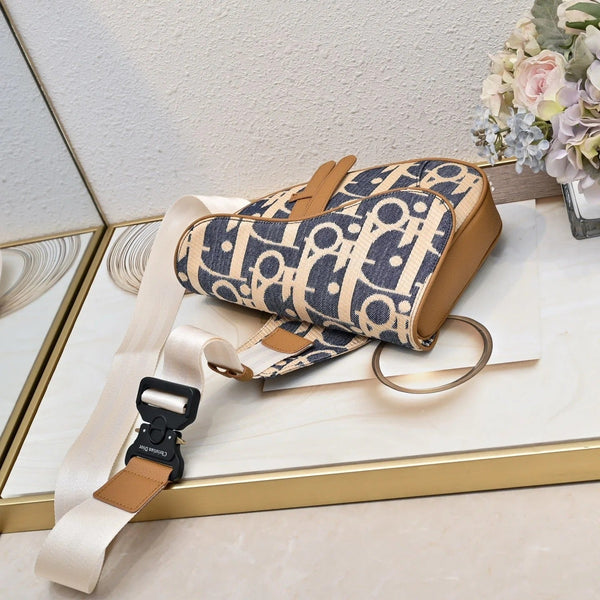 CD 2026 Saddle Oblique Bag 28.5cm Blue Brown Denim Calfskin