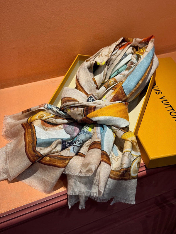 LV Silver Thread Long Scarf 200cm Beige Brown Cashmere 969181