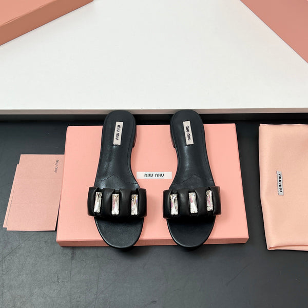 Miu 10mm Slipper with diamonds black leather 223454