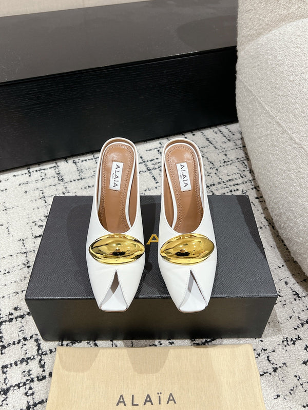 Alaia 25 Azzedine High Heels Mules With Gold Hardware White Calfskin 293186