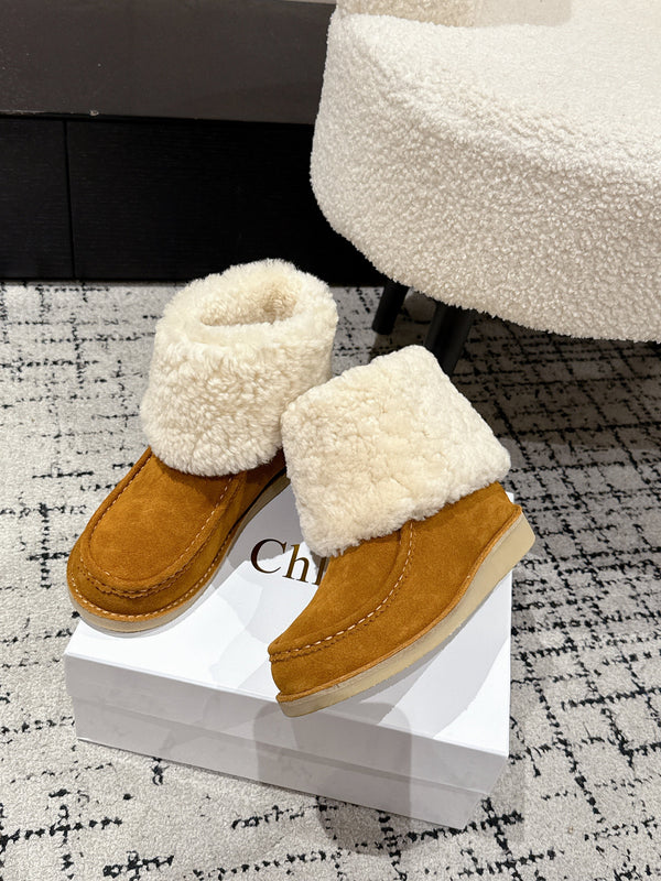 Chloe Snow Boots Tan Cream Suede Wool 514334