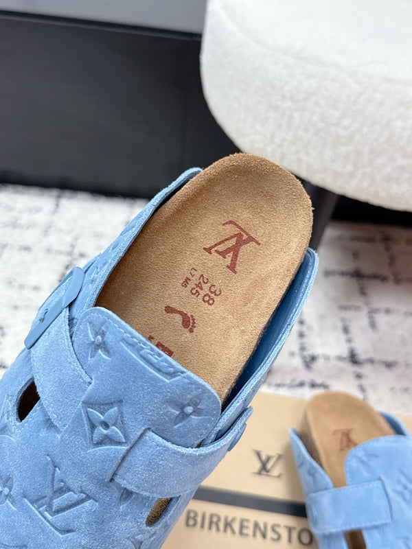 LV Cosy Comfort Mules Blue Brown Monogram Suede 616983