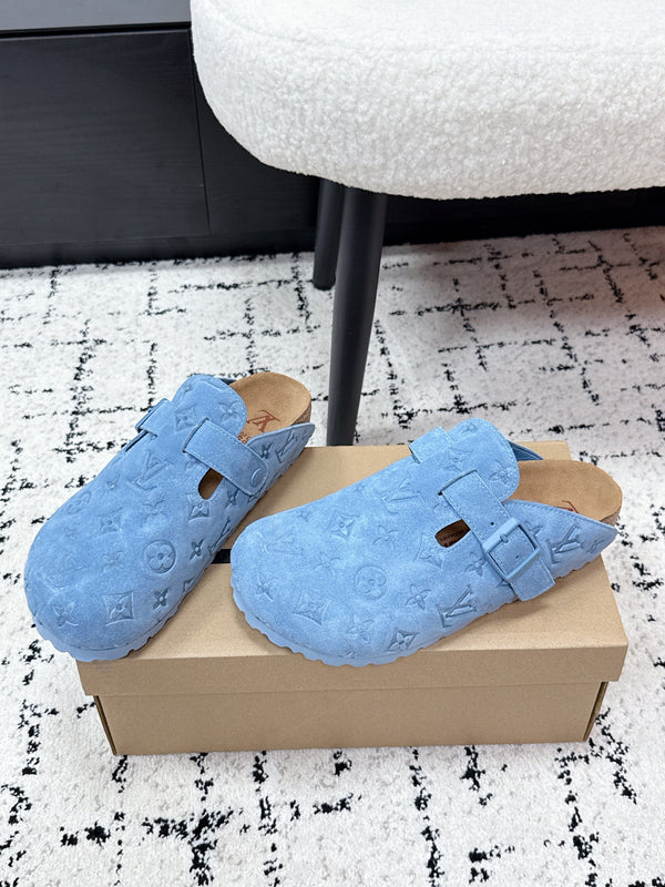 LV Cosy Comfort Mules Blue Brown Monogram Suede 616983