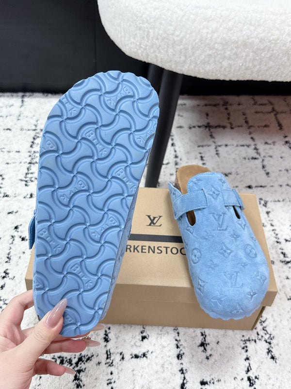 LV Cosy Comfort Mules Blue Brown Monogram Suede 616983