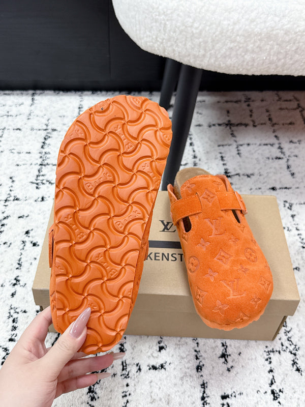 LV Cosy Comfort Mules Orange Brown Monogram Suede 616984
