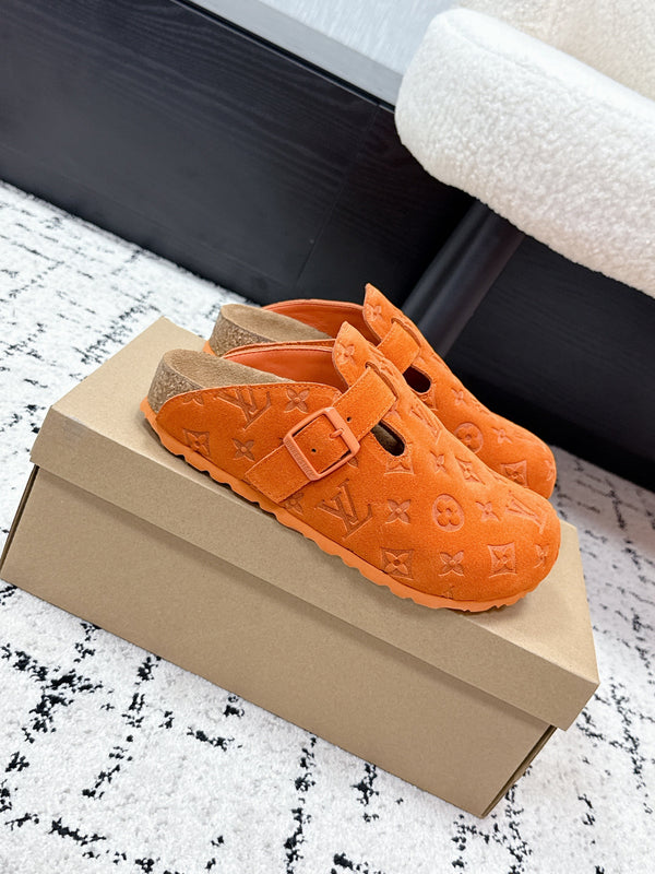LV Cosy Comfort Mules Orange Brown Monogram Suede 616984