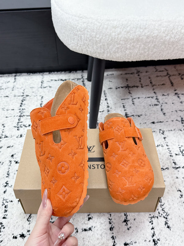 LV Cosy Comfort Mules Orange Brown Monogram Suede 616984