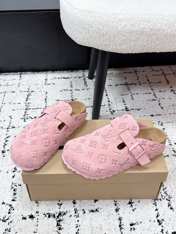 LV Cosy Comfort Mules Pink Brown Monogram Suede 616985