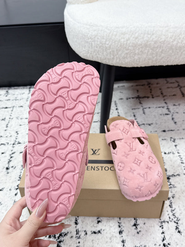 LV Cosy Comfort Mules Pink Brown Monogram Suede 616985