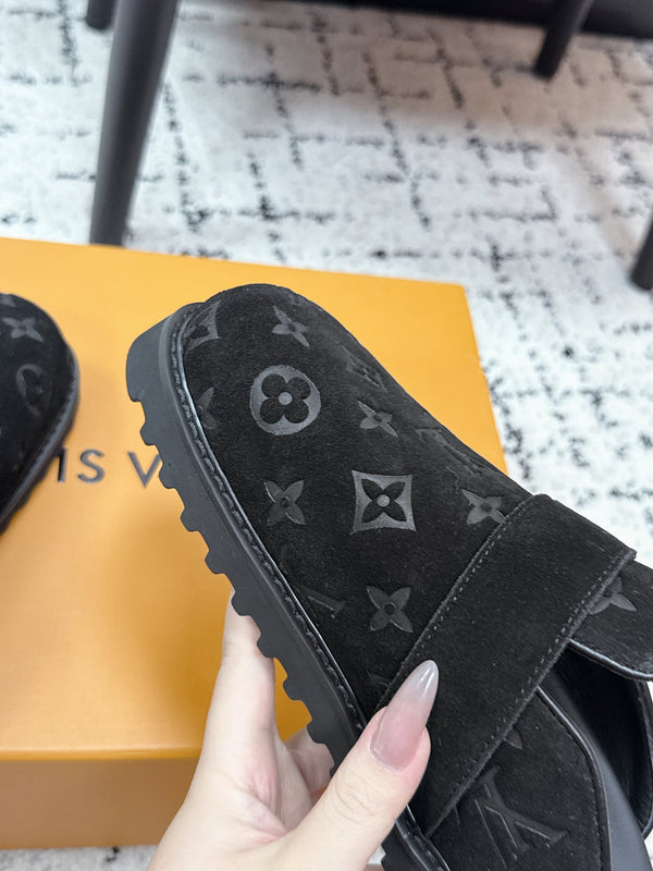 LV Cosy Comfort Mules Full Black Monogram Suede 616989