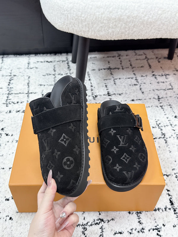 LV Cosy Comfort Mules Full Black Monogram Suede 616989