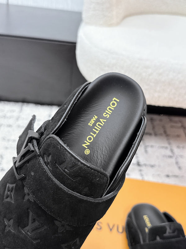 LV Cosy Comfort Mules Full Black Monogram Suede 616989