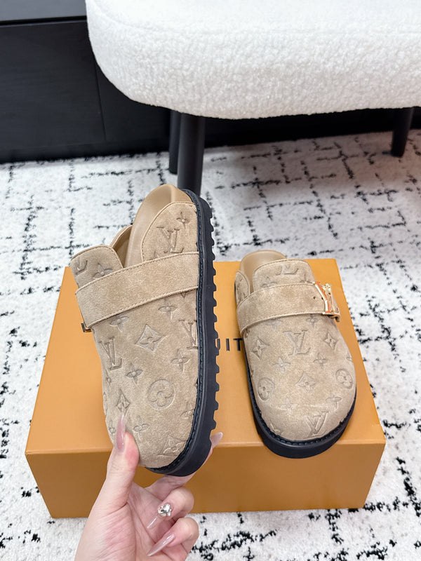 LV Cosy Comfort Mules Light Brown Monogram Suede 616990