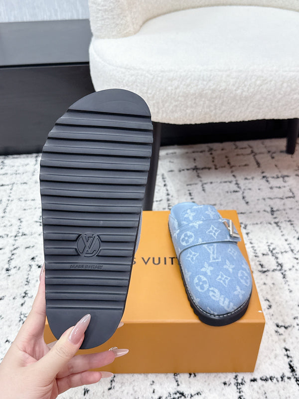 LV Cosy Comfort Mules Light Grey Monogram Denim 616993