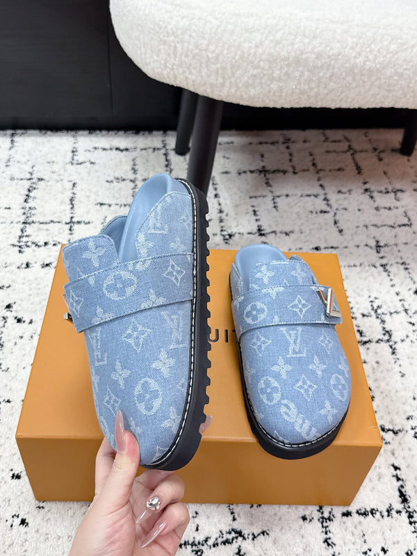 LV Cosy Comfort Mules Light Blue Monogram Denim 616994