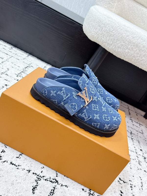 LV Cosy Comfort Mules Blue Monogram Denim 616996